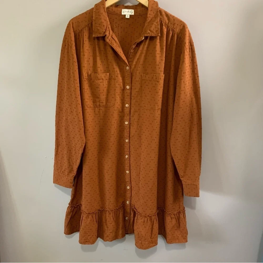 Wonderfly Rust Button Front Ruffle Hem Dress Plus Size